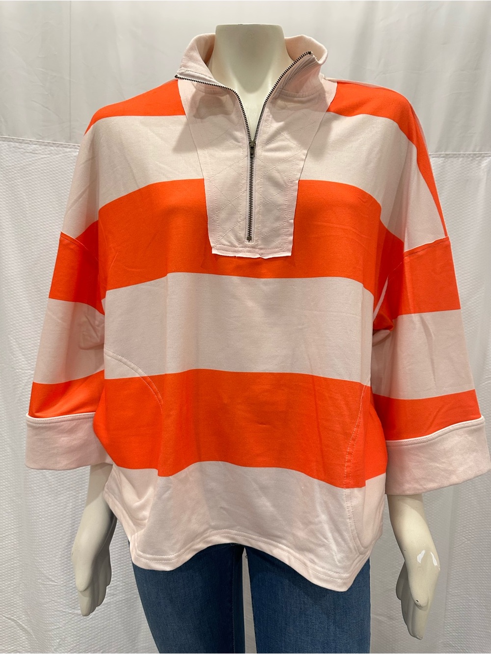 FP Dupe Rugby Cream and Orange Striped Half-Zip Pullover With Pockets